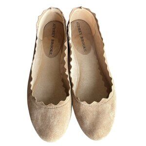 Audrey Brooke Tan Suede Scalloped Flats Leather Upper Women's 5M Trendy Shoes